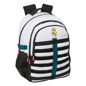 safta real madrid equipacion 26/27 mochila para portatil hasta 15.6" bolsillo trasero antirrobo cremallera bidireccional transpirable ergonomica 34x46x15cm color blanco y negro