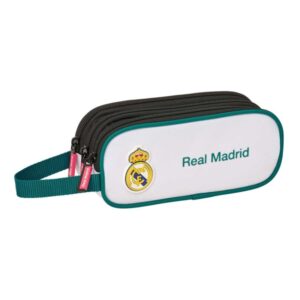 safta real madrid equipacion 26/27 portatodo 3 compartimentos con cremallera asa lateral 21x8.5x7cm color blanco y negro