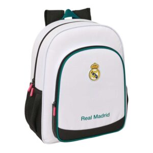 safta real madrid equipacion 26/27 mochila 15l adaptable a carro bolsillo frontal portabotellas cremallera doble tirador asa de mano espalda acolchada 32x38x12cm color blanco y negro