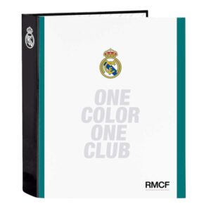 safta real madrid equipacion 26/27 carpeta de 4 anillas de 40mm formato folio tapas duras forradas lomo ancho 27x33x6cm color blanco y negro