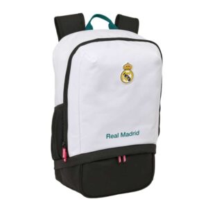 safta real madrid equipacion 26/27 mochila zapatillero cremallera con doble tirador bolsillo interior portabotellas asa de mano 28x51x19cm color blanco y negro