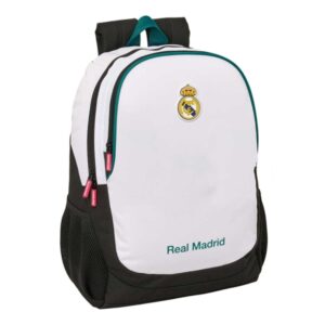 safta real madrid equipacion 26/27 mochila 23l adaptable a carro hombreras y espalda acolchada portabotellas cremallera con doble tirador asa de mano 32x44x16cm color blanco y negro