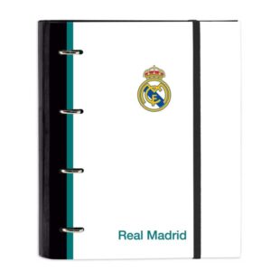 safta real madrid equipacion 26/27 carpeta de 4 anillas de 35mm recambio de 100 hojas a4 cuadricula de 5x5mm 80g/m2 separadores internos goma elastica 27x32x3.5cm color blanco y negro