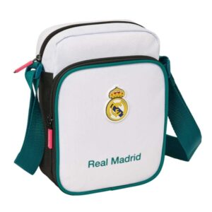 safta real madrid equipacion 26/27 bolsito con bandolera ajustable cierre con cremallera compartimento trasero con velcro bolsillo frontal 16x22x6cm color blanco y negro