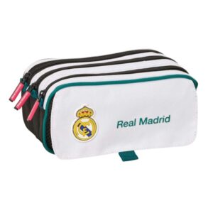 safta real madrid equipacion 26/27 portatodo 3 compartimentos con cremallera cinta trasera adaptable bolsillo frontal de rejilla con velcro 21.5x10x8cm color blanco y negro