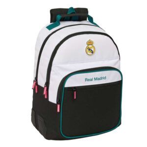 safta real madrid equipacion 26/27 mochila adaptable a carro bolsillo frontal portabotellas cremallera con doble tirador asa de mano espalda acolchada 32x42x15cm color blanco y negro