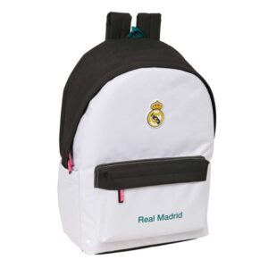 safta real madrid equipacion 26/27 mochila para portatiles hasta 15.6" bolsillo para tablet hasta 11" antirrobo asa de mano conector usb acolchada 31x44x18cm color blanco y negro