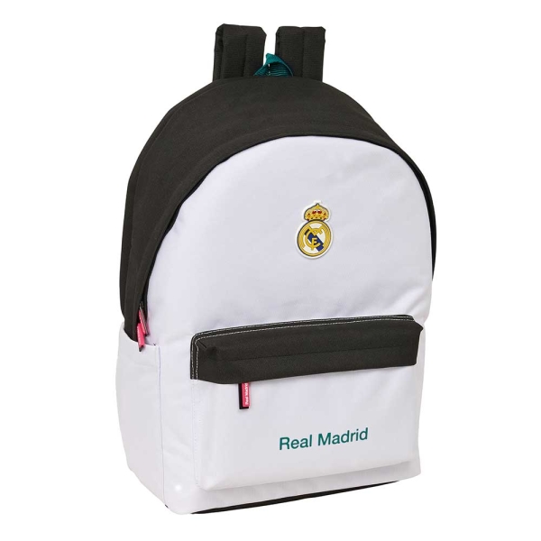 safta real madrid equipacion 26/27 mochila para portatiles hasta 15.6" bolsillo para tablet hasta 11" antirrobo asa de mano conector usb acolchada 31x44x18cm color blanco y negro