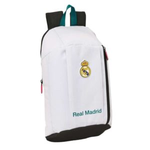 safta real madrid equipacion 26/27 mini mochila 8.5l hombreras acolchadas cremallera vertical asa bolsillo frontal ajustables y confortables 22x39x10cm color blanco y negro
