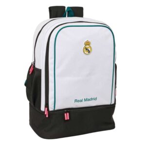 safta real madrid equipacion 26/27 mochila bolsillo frontal hombreras y espalda acolchada portabotellas cremallera con doble tirador asa de mano 35x50x24cm color blanco y negro