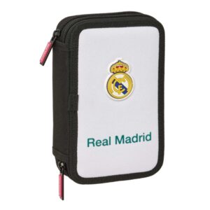 safta real madrid equipacion 26/27 plumier de 2 pisos 29 piezas goma lapiz 2 boligrafos sacapuntas 10 colores 14 rotuladores 12.5x19.5x4cm color blanco y negro