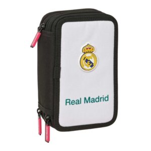 safta real madrid equipacion 26/27 plumier de 3 pisos 37 piezas goma lapiz 2 boligrafos sacapuntas 2 reglas 16 colores 14 rotuladores 12.5x19.5x5.5cm color blanco y negro