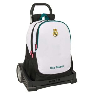 safta real madrid equipacion 26/27 mochila con carro evolution extraible 23l portabotellas doble tirador asa de mano espalda acolchada antisudor 32x44x16cm color blanco y negro