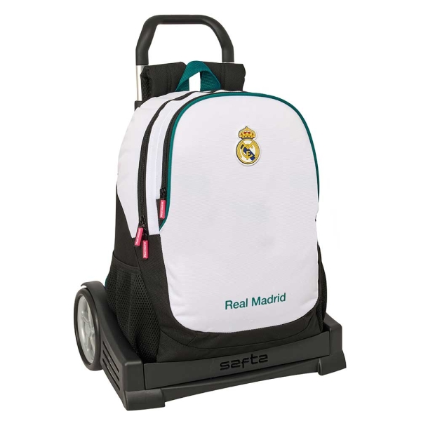 safta real madrid equipacion 26/27 mochila con carro evolution extraible 23l portabotellas doble tirador asa de mano espalda acolchada antisudor 32x44x16cm color blanco y negro