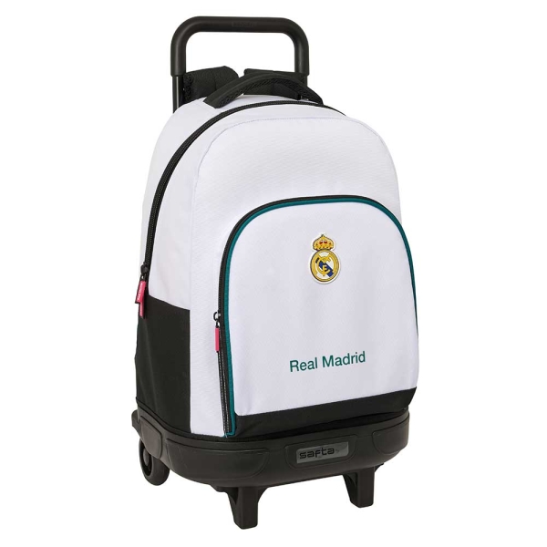 safta real madrid equipacion 26/27 mochila con carro extraible 33l portabotellas tarjeta de identificacion personal doble tirador asa bolsillo frontal 33x45x22cm color blanco y negro