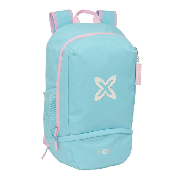 safta munich sky mochila zapatillero cremallera con doble tirador bolsillo interior portabotellas asa de mano 28x51x19cm color azul pastel