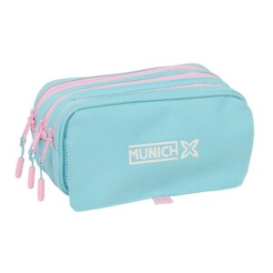 safta munich sky portatodo 3 compartimentos con cremallera cinta trasera adaptable bolsillo frontal de rejilla con velcro 21.5x10x8cm color azul pastel