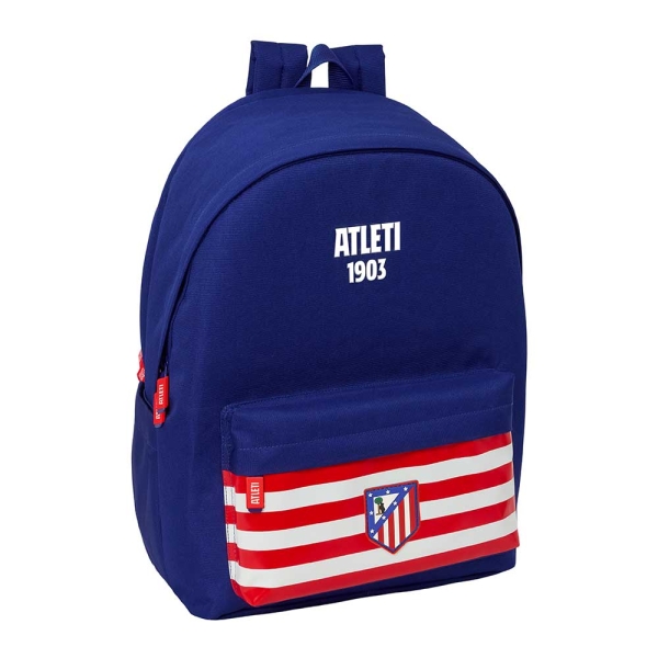 safta atletico de madrid mochila para portatiles hasta 15.6" bolsillo para tablet hasta 11" antirrobo asa de mano conector usb doble tirador acolchada 31x44x18cm color azul marino