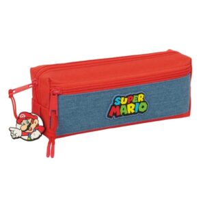 safta super mario portatodo 3 compartimentos con cremallera goma elastica compacto 22x8.5x6cm color rojo y azul