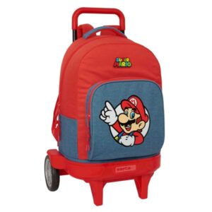 safta super mario mochila con carro extraible 33l portabotellas tarjeta de identificacion personal ruedas antivibracion asa de mano bolsillo frontal 33x45x22cm color rojo y azul