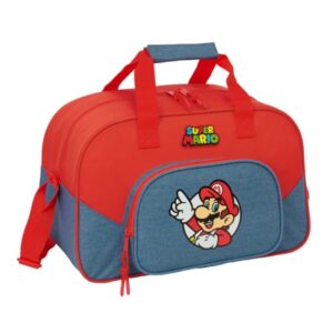 safta super mario bolsa de deporte bandolera ajustable bolsillo frontal fondo semirigido extraible cremallera con doble tirador tacos en la base 40x24x23cm color rojo y azul