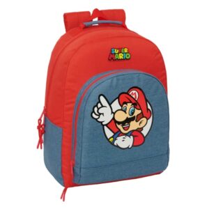 safta super mario mochila adaptable a carro bolsillo frontal espalda acolchada cremallera con doble tirador asa de mano hombreras ergonomicas 32x42x15cm color rojo y azul