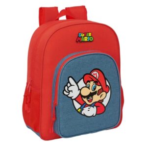 safta super mario mochila 15l adaptable a carro bolsillo frontal portabotellas cremallera con doble tirador asa de mano hombreras y espalda acolchada 32x38x12cm color rojo y azul