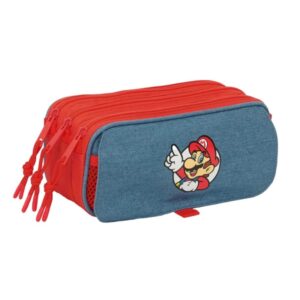 safta super mario portatodo 3 compartimentos con cremallera cinta trasera adaptable bolsillo frontal de rejilla con velcro 21.5x10x8cm color rojo y azul