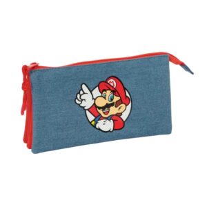 safta super mario portatodo 3 compartimentos con cremallera bolsillo interior central 22x12x3cm color rojo y azul