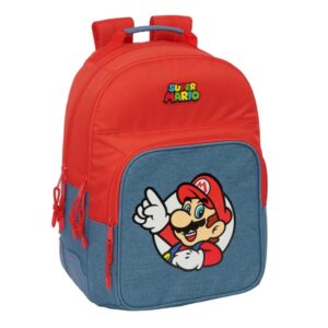 safta super mario mochila adaptable a carro bolsillo frontal portabotellas cremallera con doble tirador asa de mano hombreras y espalda acolchada 32x42x15cm color rojo y azul