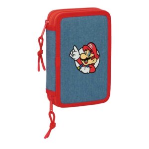 safta super mario plumier de 2 pisos 29 piezas goma lapiz 2 boligrafos sacapuntas 10 colores 14 rotuladores 12.5x19.5x4cm color rojo y azul