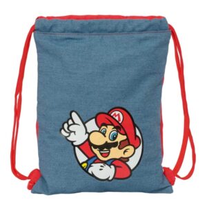 safta super mario saco plano cierre con cordones bolsillo interior con cremallera 26x34x1cm color rojo y azul