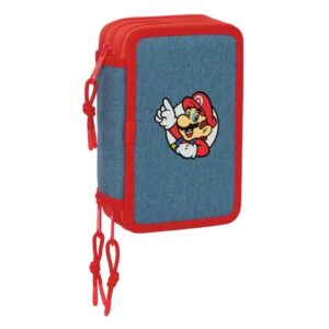 safta super mario plumier de 3 pisos 37 piezas goma lapiz 2 boligrafos sacapuntas 2 reglas 16 colores 14 rotuladores 12.5x19.5x5.5cm color rojo y azul