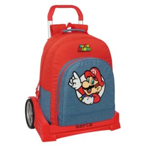 safta super mario mochila con carro extraible bolsillo frontal cremallera con doble tirador asa de mano 32x42x15cm color rojo y azul