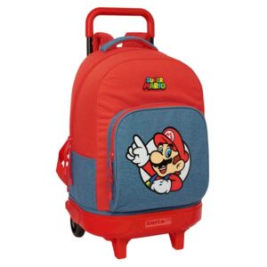 safta super mario mochila con carro extraible 33l portabotellas tarjeta de identificacion personal cremallera con doble tirador asa bolsillo frontal 33x45x22cm color rojo y azul