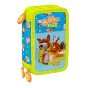 safta la granja de zenon plumier de 3 pisos 37 piezas goma lapiz 2 boligrafos sacapuntas 2 reglas 16 colores 14 rotuladores 12.5x19.5x5.5cm color azul y amarillo