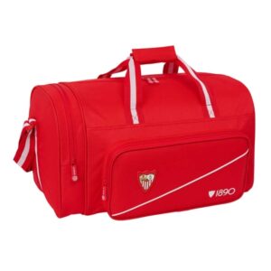 safta sevilla fc bolsa de deporte bandolera ajustable bolsillo frontal cremallera con doble tirador tacos en la base 47x26x27cm color rojo