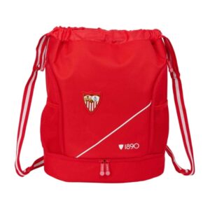safta sevilla fc saco mochila cremallera bidireccional portabotellas hombreras de cinta ajustables compartimento inferior 35x40x1cm color rojo