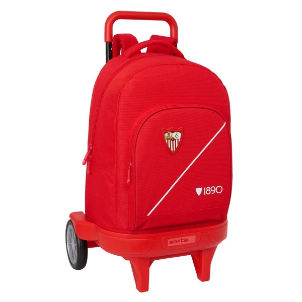 safta sevilla fc mochila con carro extraible 33l portabotellas tarjeta de identificacion personal ruedas antivibracion doble tirador asa bolsillo frontal 33x45x22cm color rojo
