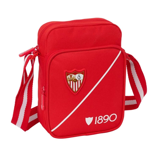 safta sevilla fc bolsito con bandolera ajustable cierre con cremallera compartimento trasero con velcro bolsillo frontal 16x22x6cm color rojo