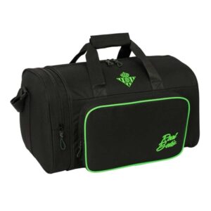 safta real betis balompie bolsa de deporte bandolera ajustable bolsillo frontal fondo semirigido extraible cremallera con doble tirador tacos en la base 47x26x27cm color negro y verde