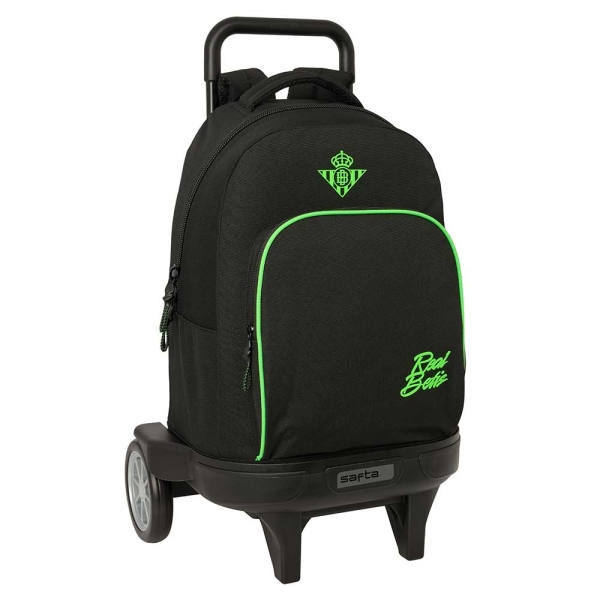 safta real betis balompie mochila con carro extraible 33l portabotellas tarjeta de identificacion personal ruedas antivibracion asa bolsillo frontal 33x45x22cm color negro y verde