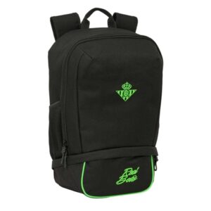 safta real betis balompie mochila zapatillero cremallera con doble tirador bolsillo interior portabotellas asa de mano 28x51x19cm color negro y verde
