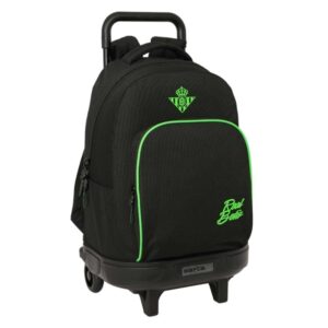 safta real betis balompie mochila con carro extraible 33l portabotellas tarjeta de identificacion personal doble tirador asa de mano bolsillo frontal 33x45x22cm color negro y verde