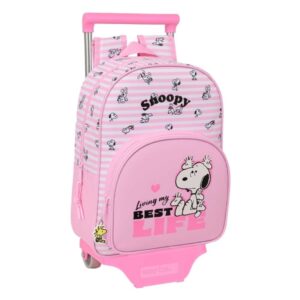 safta snoopy mochila con carro extraible portabotellas bolsillo frontal asa de mano 26x34x11cm color rosa