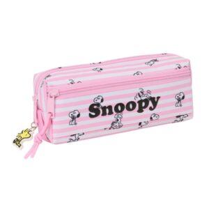 safta snoopy portatodo 3 compartimentos con cremallera goma elastica compacto 22x8.5x6cm color rosa