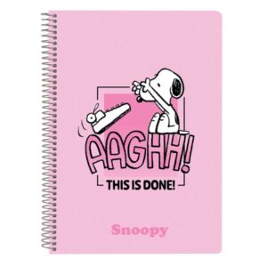safta snoopy libreta con espiral formato cuarto 80 hojas de 80g/m2 cuadricula 4x4mm tapas duras glasofonadas 15.5x22x1cm color rosa