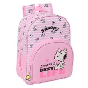 safta snoopy mochila infantil portabotellas bolsillo frontal adaptable a carro hombreras acolchadas 26x34x11cm color rosa