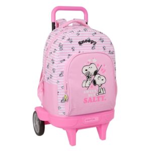safta snoopy mochila con carro extraible 33l portabotellas tarjeta de identificacion personal ruedas antivibracion asa de mano bolsillo frontal 33x45x22cm color rosa