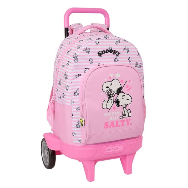 safta snoopy mochila con carro extraible 33l portabotellas tarjeta de identificacion personal ruedas antivibracion asa de mano bolsillo frontal 33x45x22cm color rosa